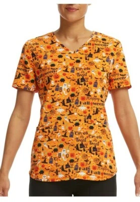 New Scrub Star Happy Halloween Women V-neck Print Scrub Top Spook Size Small. - Image 1 of 4