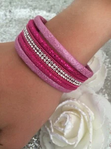 SUBLIME BRACELET FEMME SIMILI CUIR ROSE ET STRASS FERMETURE aimanté - Picture 1 of 2