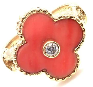 Rare! Authentic Van Cleef & Arpels Alhambra 18k Yellow Gold Coral Diamond Ring - Picture 1 of 10
