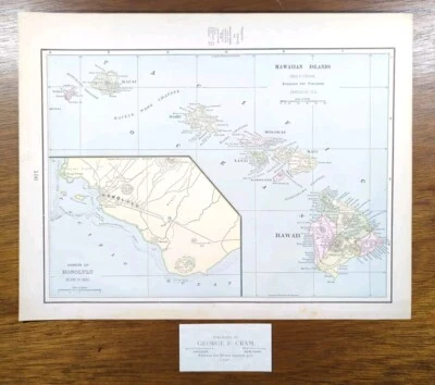 Mapa vintage de las islas hawaianas de 1897 14"x11" antiguo original HONOLULU OAHU HI Foto 1 de 4