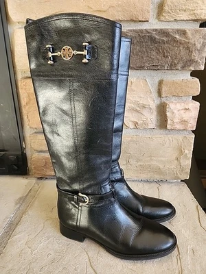 Tory Burch Calista Riding Boot Womens Size 9M Black Leather Tall Gold Logo - Image 1 of 4
