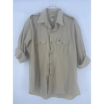 Duxbak Mens Beige Button Up Long Sleeve Shirt Embroidered Duck Pockets - Image 1 of 4