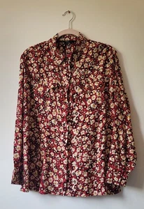 Next Blouse UK 14 Red Black Floral Button up Collared Shirt Top Roll Sleeves - Picture 1 of 14