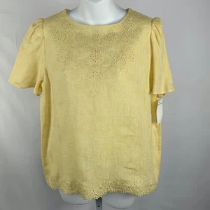 Top blusa lino ricamato occhielli firma Nordstrom taglia S giallo manica corta - Foto 1 di 10