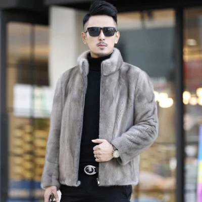 Mink Coat Men's Fur Coat Full Mink Stand Collar Silver Mink Zipper Leather Coat - Image 1 of 4