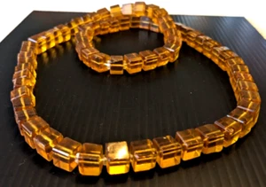 Vintage Natural Amber Necklace 33" / Handmade w 71 Large Cube Beads 172g VG - Picture 1 of 11
