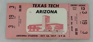 CFB 1957 10/26 Texas Tech at Arizona Football FULL Ticket-Jimmie Knox,Jerry Bell