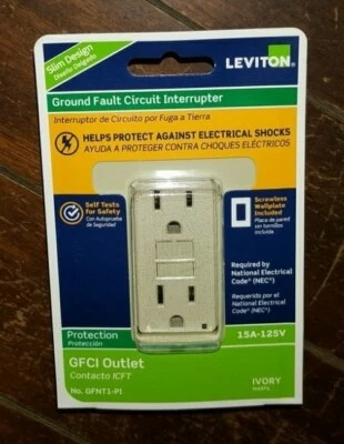 Leviton Ground Fault Circuit Interrupter: Slim GFCI Outlet -Ivory- #GFNT1-PI - Image 1 of 4