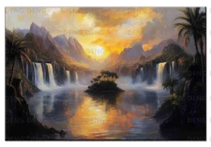 Home Art Wall Decor Landscape River Waterfall Oil Painting Printed On Canvas - Picture 1 of 9