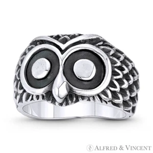 Owl Knowledge & Wisdom Animal Charm Oxidized .925 Sterling Silver Statement Ring - Picture 1 of 1