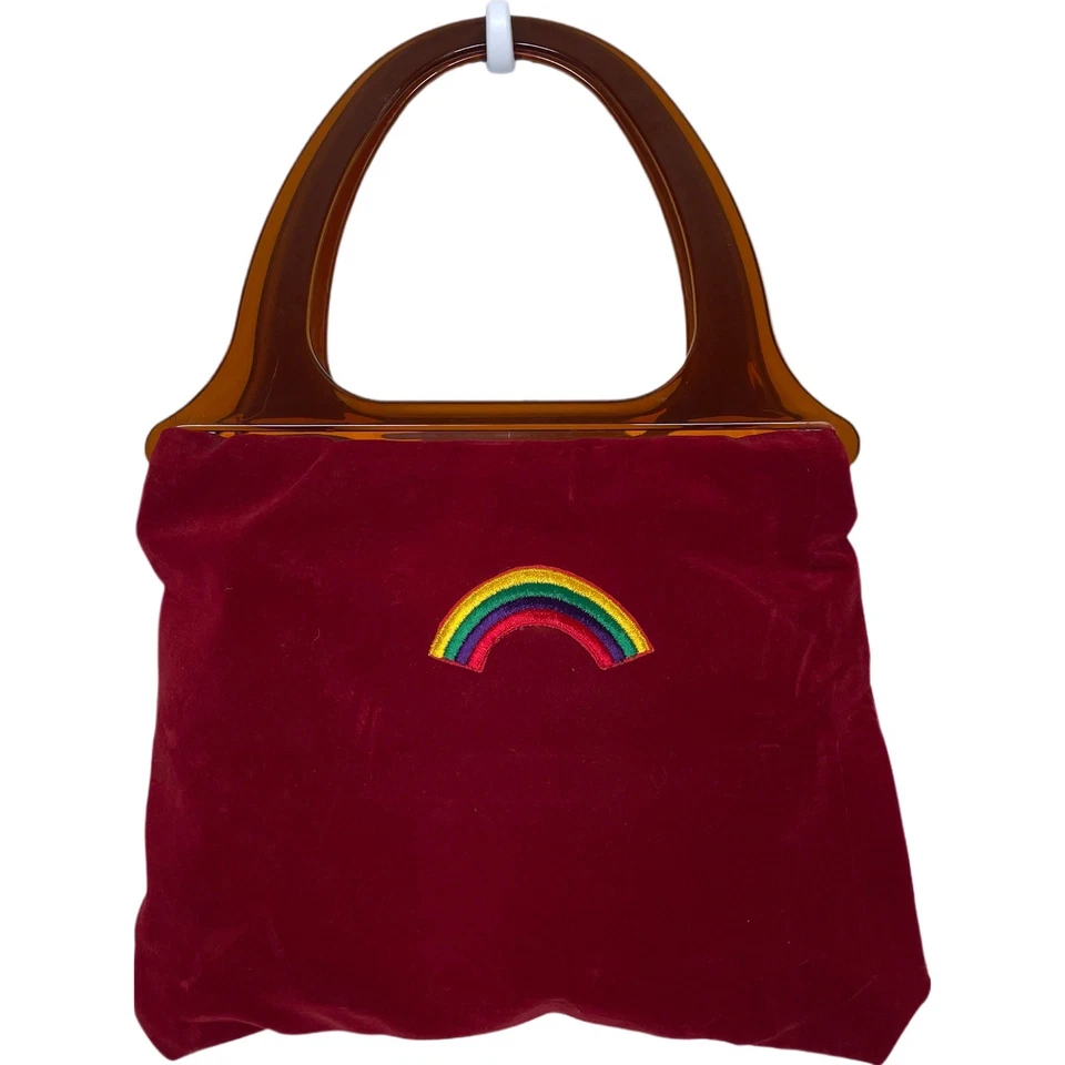 Bolso de Mano Bordado Arco Iris Terciopelo Rojo Años 60 70 Cartera Asas Lucite Groovy De Colección Foto 1 de 4