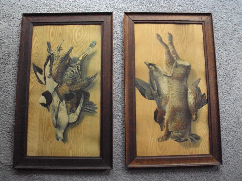 2 MARCOS ARTES Y MANUALIDADES JUEGO MUERTO CROMOLITOGRAFÍAS 25 X 15 PÁJAROS PATO CONEJO Foto 1 de 4