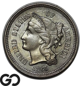 1865 Three Cent Piece Nickel, Nice Luster, Choice BU++, Tough Type! - Picture 1 of 3