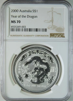2000 Australia Lunar Year of the Dragon 1oz .999 Silver $1 Coin NGC MS70 - Image 1 of 4