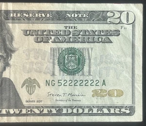 (NEAR SOLID!) $20 Binary Near Solid 7 In A Row Fancy Serial Number NG52222222A - Picture 1 of 3