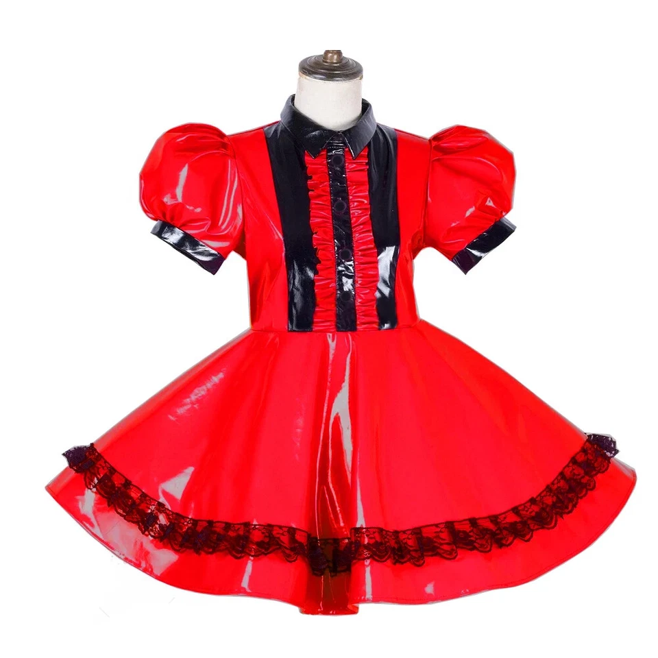 Shiny PVC Short Puff Sleeve Lolita Anime Dress Sissy French Maid Uniform - Image 1 of 4