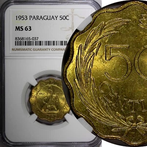 Paraguay Aluminum-Bronze 1953 50 Centimos 25mm NGC MS63 KM# 28 (037) - Picture 1 of 5