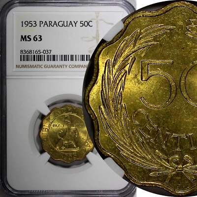 Paraguay Aluminum-Bronze 1953 50 Centimos 25mm NGC MS63 KM# 28 (037) - Image 1 of 4