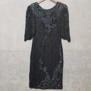 Carina Dress VTG Small Beaded Sequin Iridescent Black Zip Short Sleeve Cocktail - Picture 1 of 14