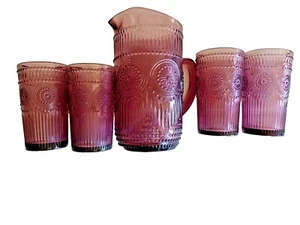 Pioneer Woman Pitcher & Tumbler Set Adeline Plum Glass 4-16oz Cups 1.59L Pitcher - Picture 1 of 10