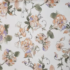 Peach Peony Floral Print Chiffon Fabric 58" By The Yard Purple Green on White - Picture 1 of 10