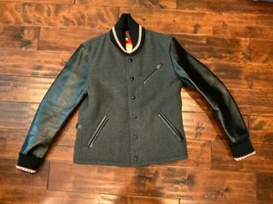 Dry Bones Gray Wool Varsity Jacket w/ Black Leather Sleeves, Size M - Picture 1 of 11