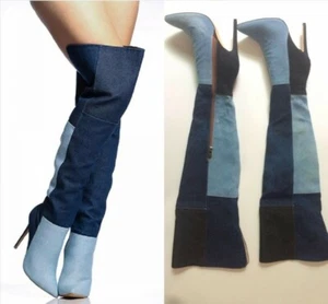 Women's Pointy Toe Over the Knee Boots Stiletto Patchwork Blue Yellow Boots Club - Picture 1 of 14
