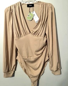 NEW Womens CIDER Long Sleeve Camel RIBBED Bodysuit PLUNGE NECK Medium - Picture 1 of 3