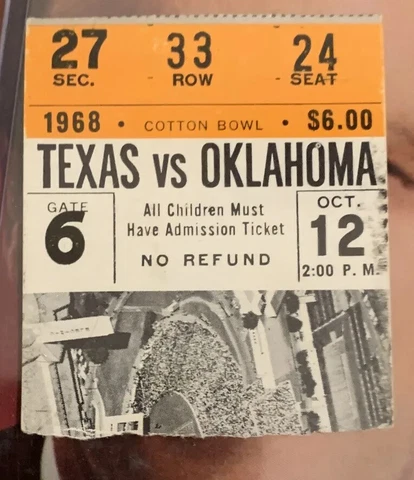 1968 Oklahoma Sooners Texas Longhorns Football Ticket Stub Cotton Bowl Dallas Cover