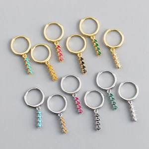 Straight Bar 925 Sterling Silver CZ Charm Huggie Hoop Dnagle Drop Earrings A4156 - Picture 1 of 22