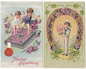 2 alte Postkarten mit lila Veilchen ~ vergoldetes Hufeisen & Matrose; Engel mit Buch - Bild 1 von 5