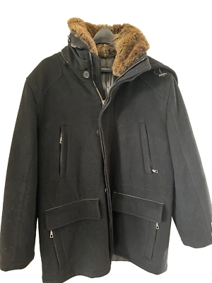 Andrew Marc Wool Cashmere Rabiit Fur Collar Leather Trim Removable Hood Men's M - Image 1 of 4