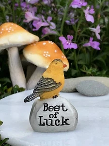 Miniature FAIRY GARDEN ~ Tiny BEST OF LUCK Yellow Bird on Stone ~Buy 3 Save $6 - Picture 1 of 2