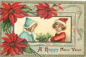 HAPPY NEW YEAR - TWO GIRLS IN HOLIDAY SPIRIT - 1910 EMBOSSED POSTCARD - Picture 1 of 2