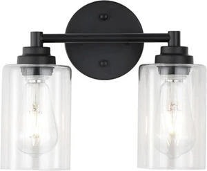 2 Light Bathroom Vanity Light Over Mirror w/Clear Glass Shade, E26 Base, Black - Picture 1 of 21