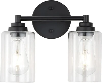 2 Light Bathroom Vanity Light Over Mirror w/Clear Glass Shade, E26 Base, Black - Image 1 of 4
