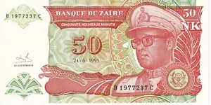 ZAIRE 1993 banknote 50Nouveaux Makuta Leaping leopard-Mobutu Sese Seko-B1977237C - Picture 1 of 2