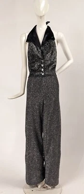 SILVER SPARKLE VINTAGE 1970’S 2 PC PANTS SUIT W HALTER TOP DEADSTOCK - Image 1 of 4