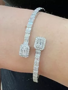 Real Solid 925 Silver Iced Baguette Bangle Cuff Bracelet 6-7.5" CZ - Picture 1 of 12