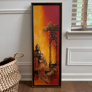 Vintage 50s MCM Matson Oil Painting Orange Yellow Black Framed Retro 30 X 11” - Picture 1 of 10