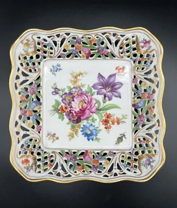 Dresden Schumann Hand Painted Floral 8” Reticulated Porcelain Square Bowl German - Picture 1 of 11