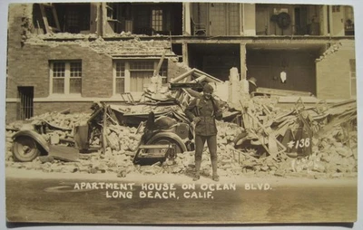 Long Beach CA 1933 Earthquake Disaster Soldier Apartment Old RPPC Postcard - Image 1 of 3