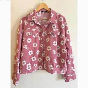 Shein Cordjacke Damen XL rosa weiß Blumen Gänseblümchen Knopfleiste leicht - Bild 1 von 12