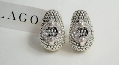 Lagos Enso  0.24 ctw Diamond Half Hoop Sterling Silver Omega Earrings $1,250 NWT - Image 1 of 4