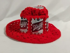 Vintage Crochet Red Schlitz Beer Can Bucket Hat Fedora Sun Hat  - Picture 1 of 6