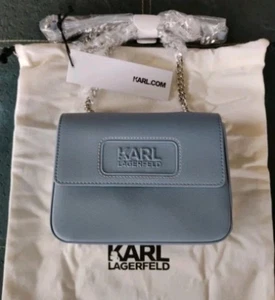 Karl Lagerfeld Leather Crossbody Bag with Chain Strap Light Blue - Picture 1 of 9