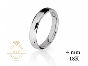 18K White Solid Gold 4mm Beveled Edge Wedding Band Ring - Comfort Fit Hammered - Picture 1 of 9