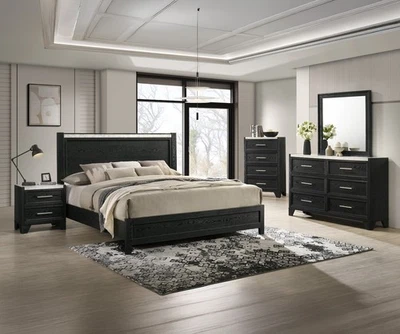 6pc Black King Panel Bed Set White Faux Marble Accent Wooden Bedroom Furniture - Image 1 of 4