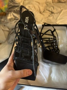 Versace La Greca 40  Maze Crystal Embellished Black Platform Sandal NIB $1,725 - Picture 1 of 3