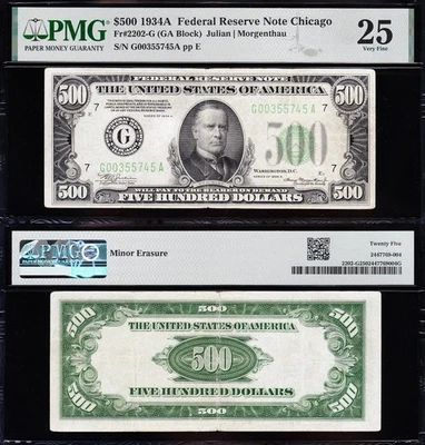 VERY NICE Bold & Crisp VF 1934 A $500 *CHICAGO* FRN bill! PMG 25! FREE SHIP! - Image 1 of 3
